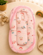 Premium muslin baby bed with mosquito net for newborn babies, soft breathable sleeping nest with head support cushion and portable design.