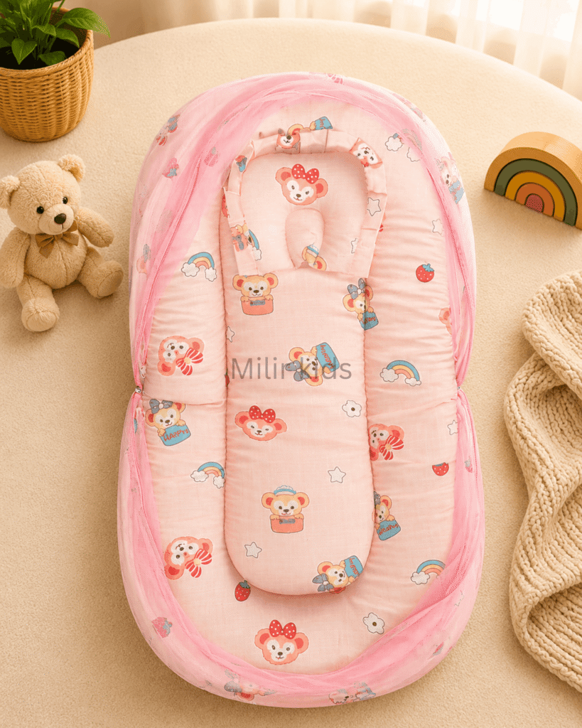 Premium muslin baby bed with mosquito net for newborn babies, soft breathable sleeping nest with head support cushion and portable design.