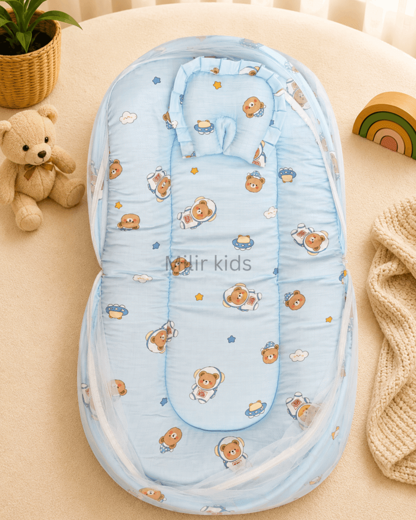 Premium muslin baby bed with mosquito net for newborn babies, soft breathable sleeping nest with head support cushion and portable design.