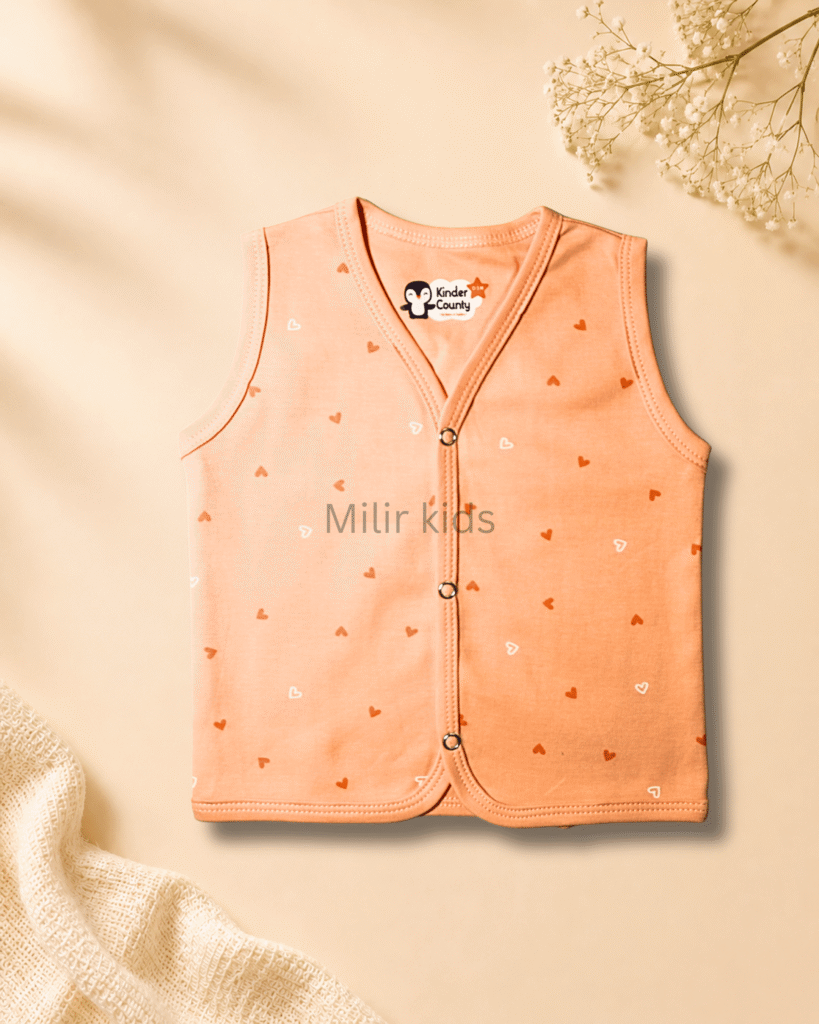 Kinder County sleeveless cotton baby jabla for newborn babies featuring soft breathable fabric with front snap buttons.
