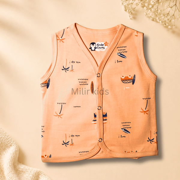 Kinder County sleeveless cotton baby jabla for newborn babies featuring soft breathable fabric with front snap buttons.