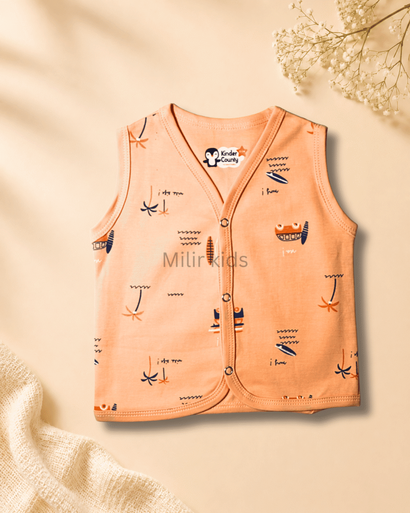 Kinder County sleeveless cotton baby jabla for newborn babies featuring soft breathable fabric with front snap buttons.
