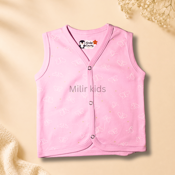 Kinder County sleeveless cotton baby jabla for newborn babies featuring soft breathable fabric with front snap buttons.