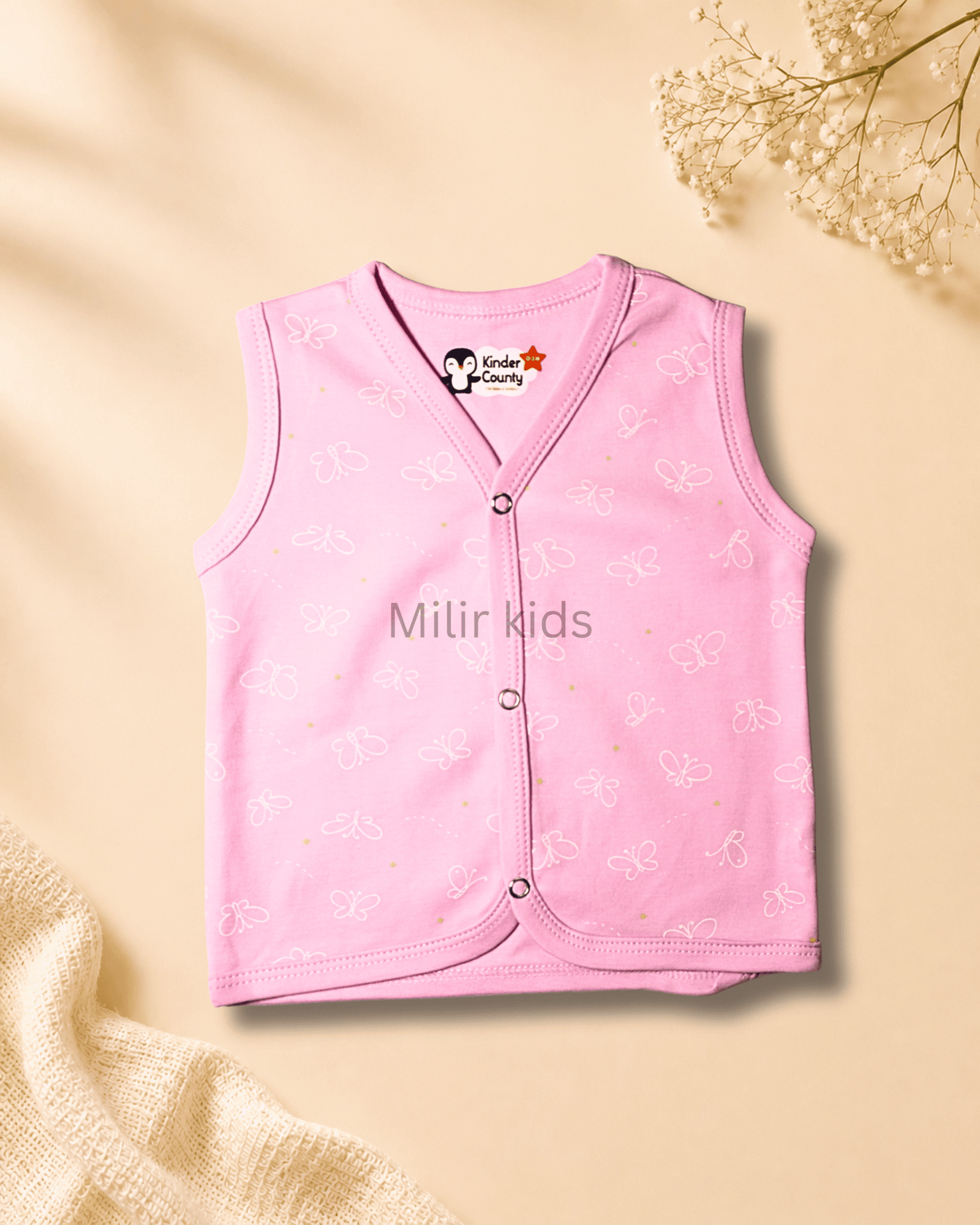 pink-butterfly-sleeveless-baby-jabla Kinder County sleeveless cotton baby jabla for newborn babies featuring soft breathable fabric with front snap buttons.