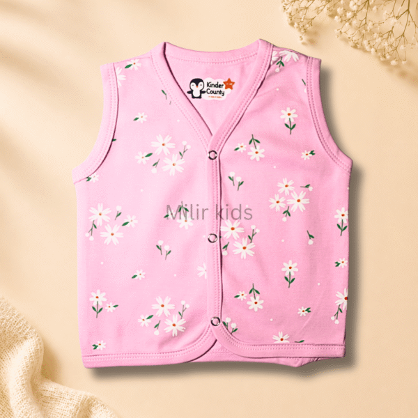 Kinder County sleeveless cotton baby jabla for newborn babies featuring soft breathable fabric with front snap buttons.