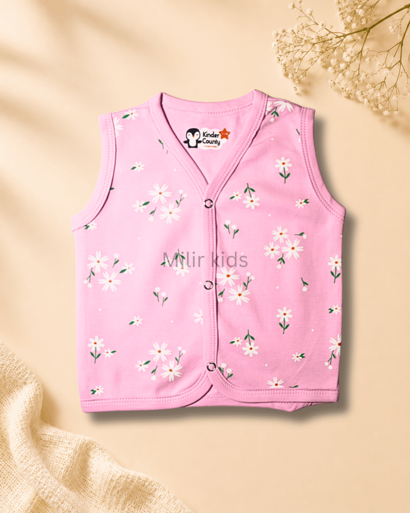 Kinder County sleeveless cotton baby jabla for newborn babies featuring soft breathable fabric with front snap buttons.