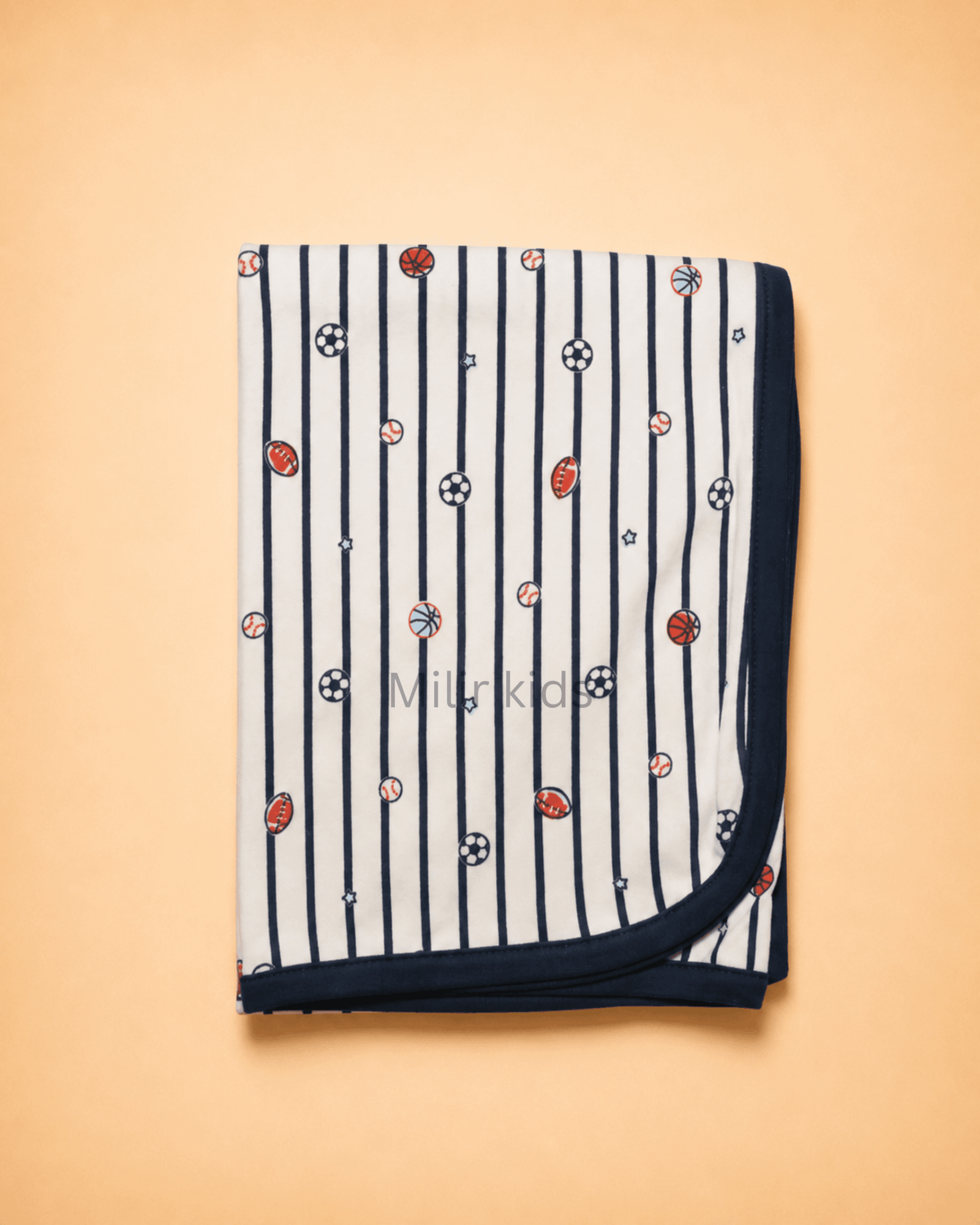 premium-cotton-baby-blanket-sports-ball-stripe-print Premium cotton baby blanket with soft printed design for newborn babies and infants