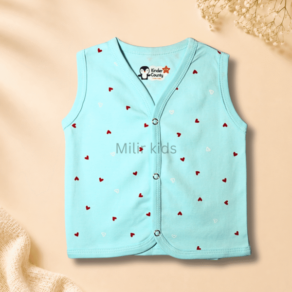 Kinder County sleeveless cotton baby jabla for newborn babies featuring soft breathable fabric with front snap buttons.