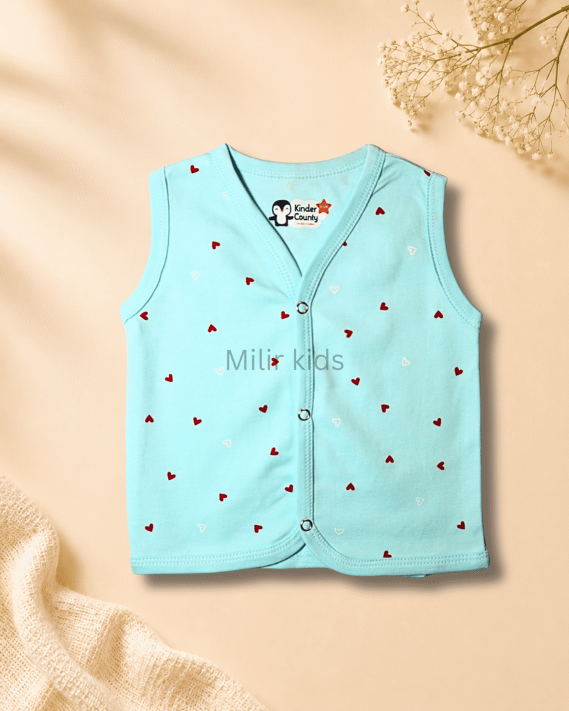 Kinder County sleeveless cotton baby jabla for newborn babies featuring soft breathable fabric with front snap buttons.