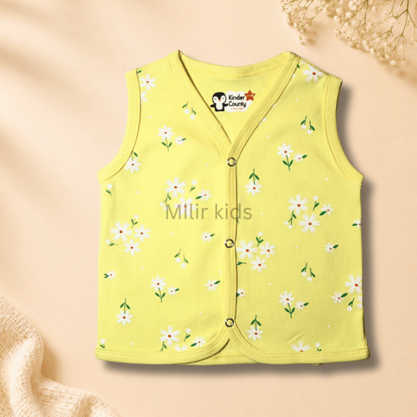 Kinder County sleeveless cotton baby jabla for newborn babies featuring soft breathable fabric with front snap buttons.
