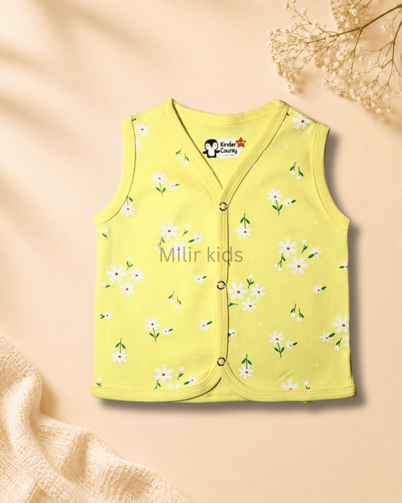 Kinder County sleeveless cotton baby jabla for newborn babies featuring soft breathable fabric with front snap buttons.