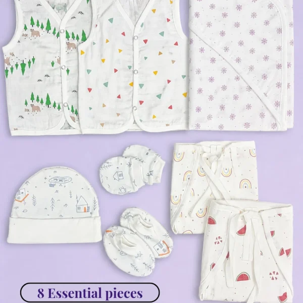 Milir Little Beginning Kit newborn essentials bundle with muslin jablas nappies cap mittens booties and hooded towel