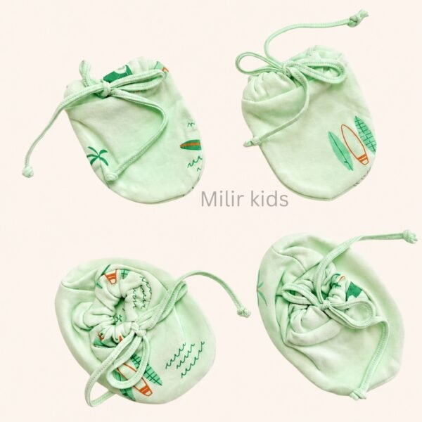 Premium soft cotton newborn adjustable mittens and booties set for baby boys and girls.