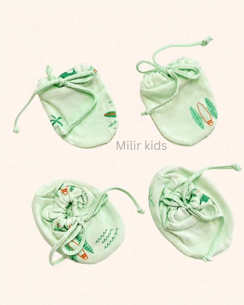 Premium soft cotton newborn adjustable mittens and booties set for baby boys and girls.