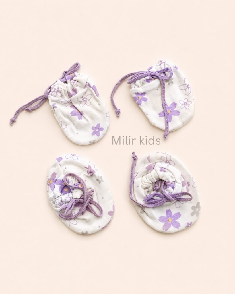 Premium soft cotton newborn adjustable mittens and booties set for baby boys and girls.