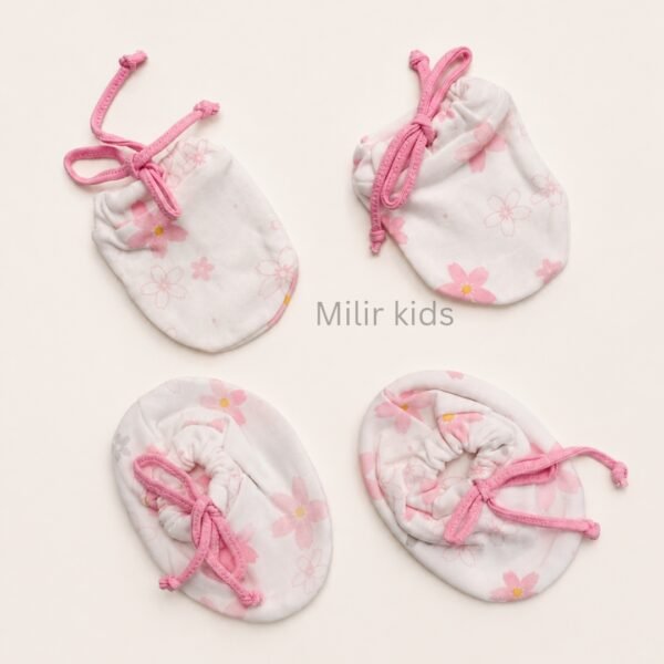 Premium soft cotton newborn adjustable mittens and booties set for baby boys and girls.