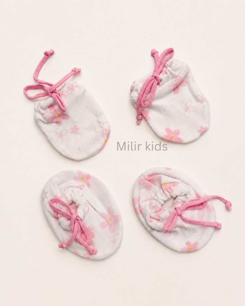 Premium soft cotton newborn adjustable mittens and booties set for baby boys and girls.