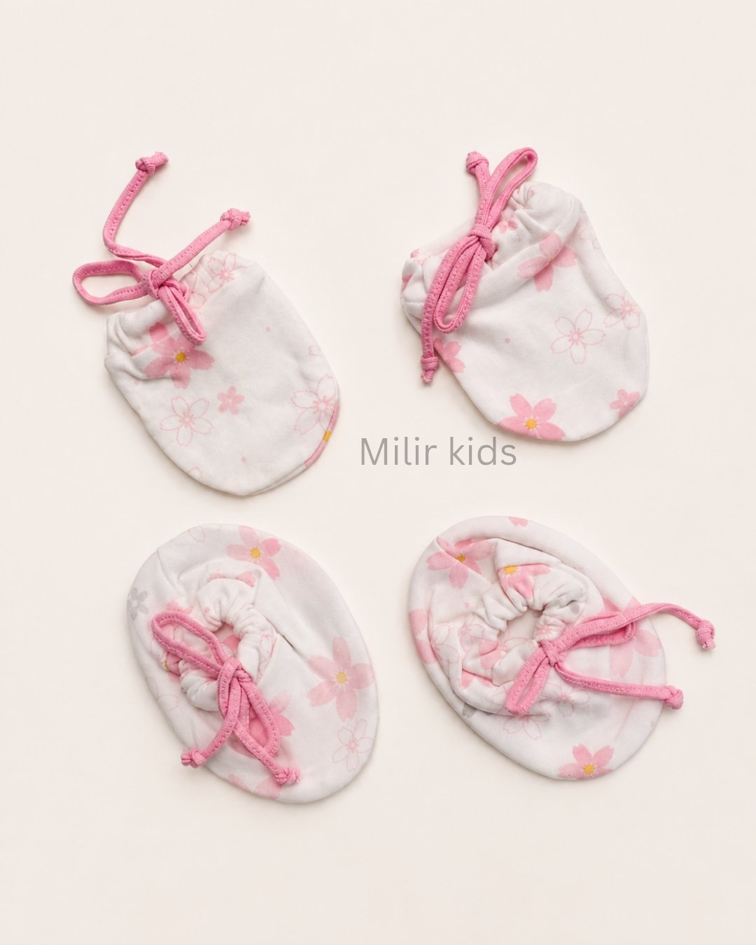 baby-cord-mittens-booties-floral-pink Premium soft cotton newborn adjustable mittens and booties set for baby boys and girls.