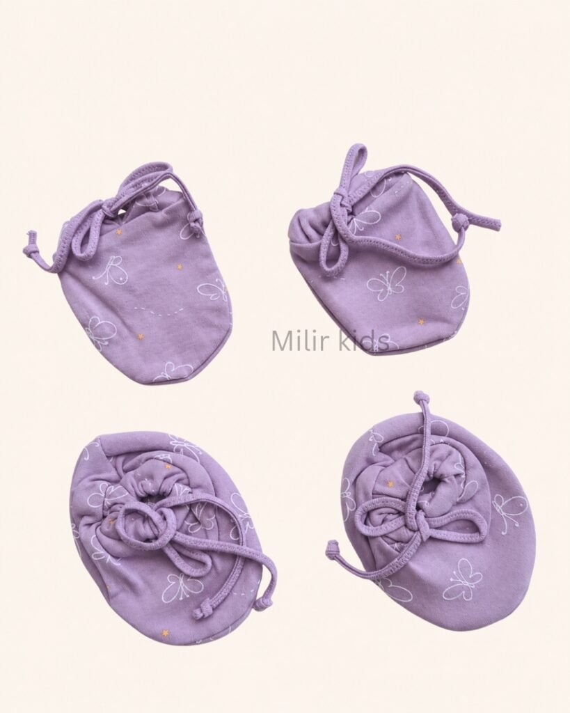 Premium soft cotton newborn adjustable mittens and booties set for baby boys and girls.