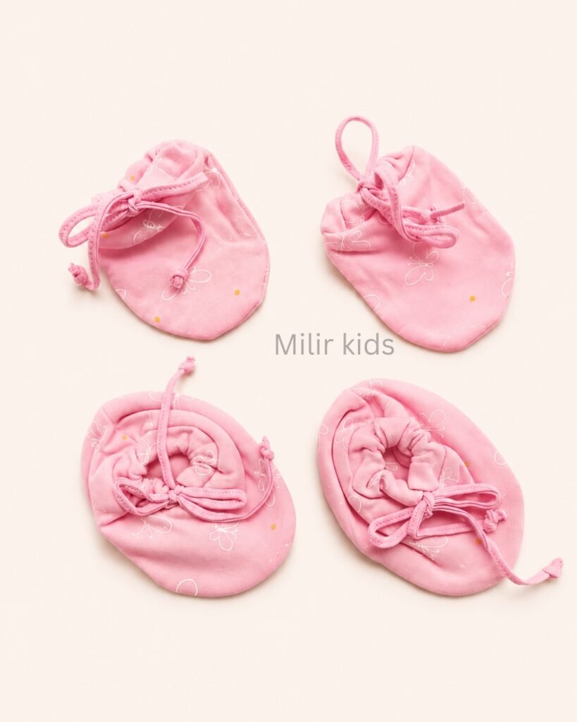 Premium soft cotton newborn adjustable mittens and booties set for baby boys and girls.