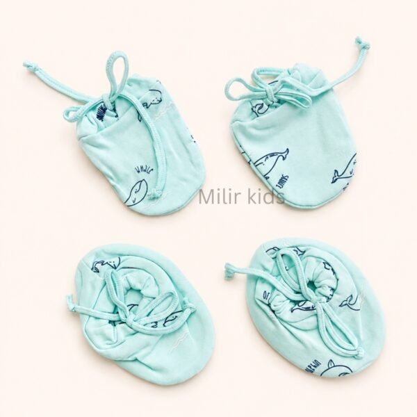 Premium soft cotton newborn adjustable mittens and booties set for baby boys and girls.