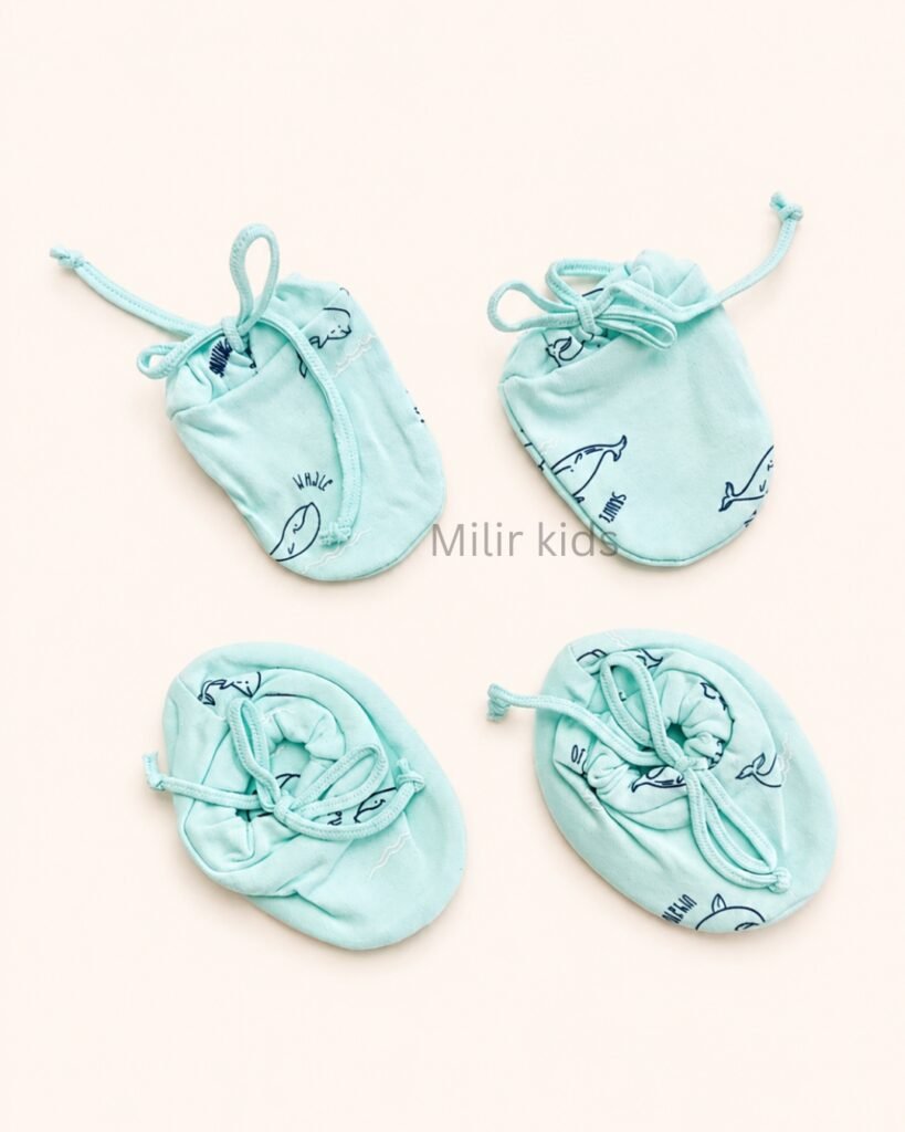 Premium soft cotton newborn adjustable mittens and booties set for baby boys and girls.
