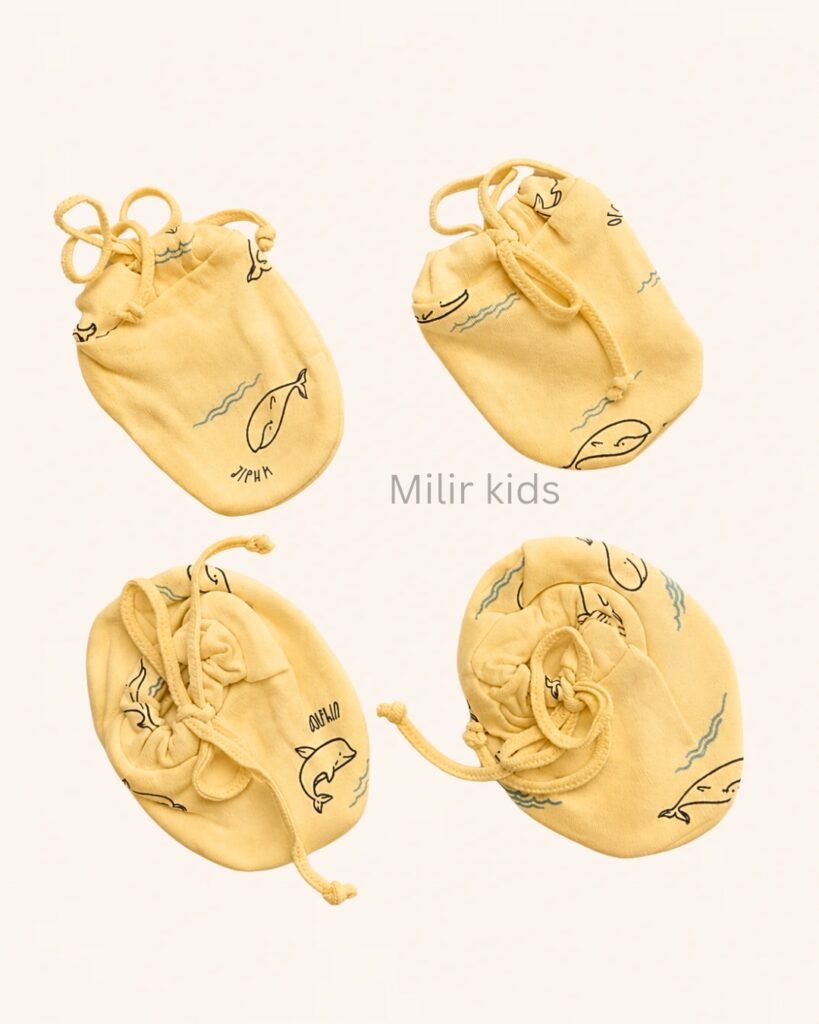 Premium soft cotton newborn adjustable mittens and booties set for baby boys and girls.