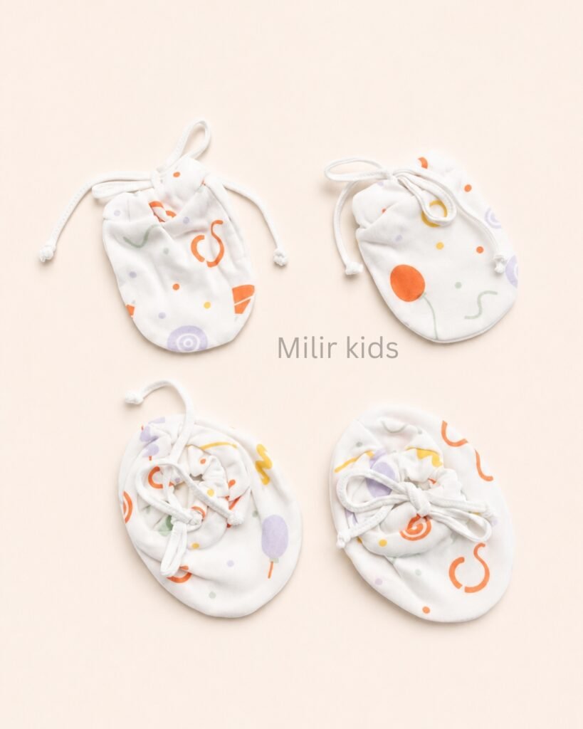 Premium soft cotton newborn adjustable mittens and booties set for baby boys and girls.