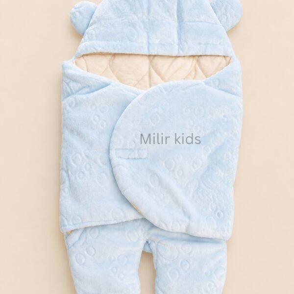 Premium blue newborn sleeping bag wrapper with hood and bear ears