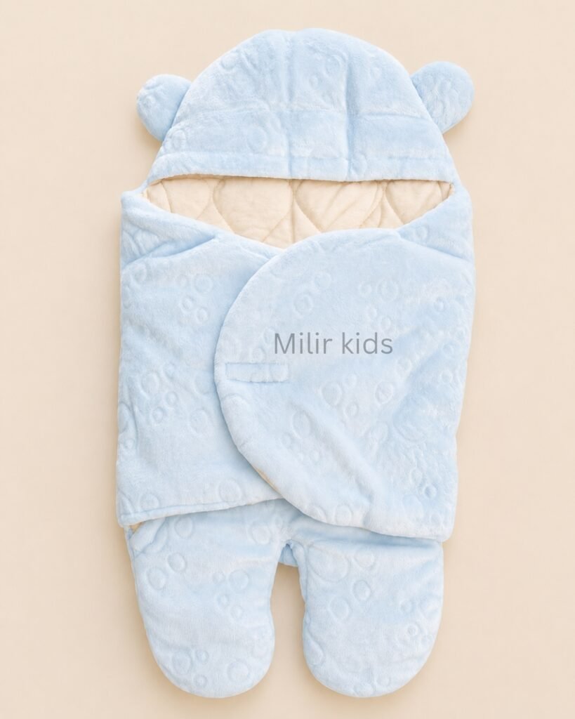 Premium blue newborn sleeping bag wrapper with hood and bear ears