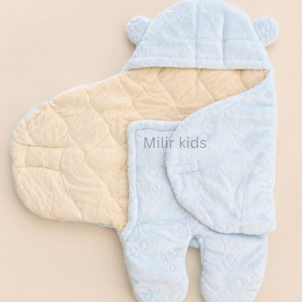 Premium blue newborn sleeping bag wrapper with hood and bear ears