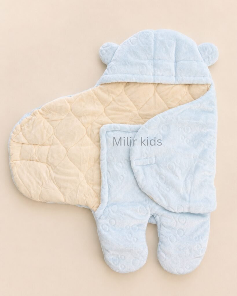 Premium blue newborn sleeping bag wrapper with hood and bear ears