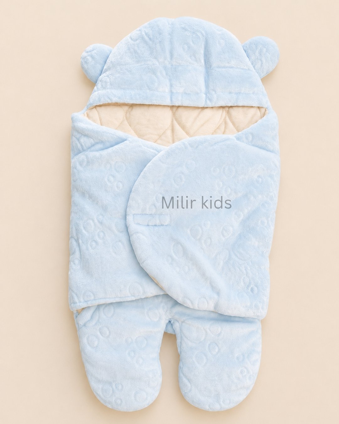 baby-sleeping-bag-wrapper-bear-ear-blue Premium blue newborn sleeping bag wrapper with hood and bear ears