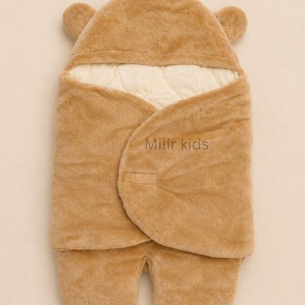Premium brown baby sleeping bag wrapper with bear ears and quilted inner lining for newborn babies