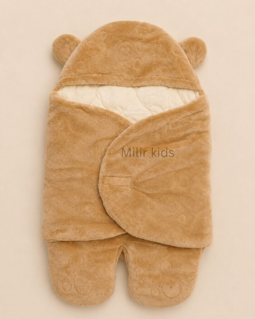 Premium brown baby sleeping bag wrapper with bear ears and quilted inner lining for newborn babies