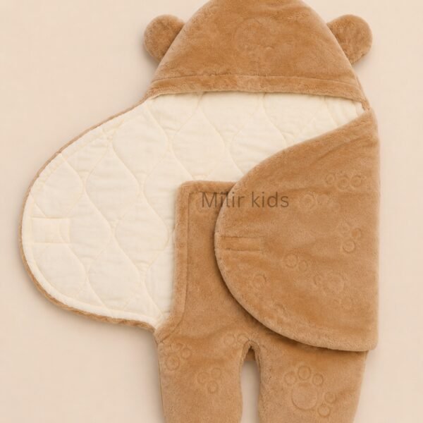 Premium brown baby sleeping bag wrapper with bear ears and quilted inner lining for newborn babies