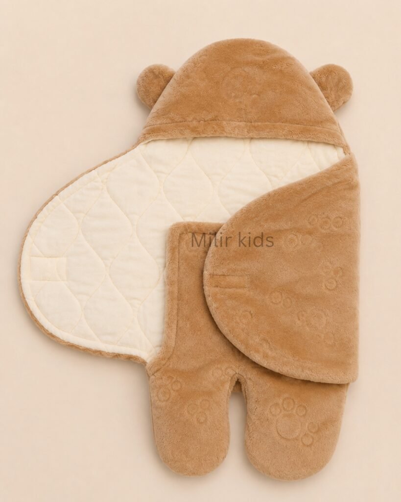Premium brown baby sleeping bag wrapper with bear ears and quilted inner lining for newborn babies