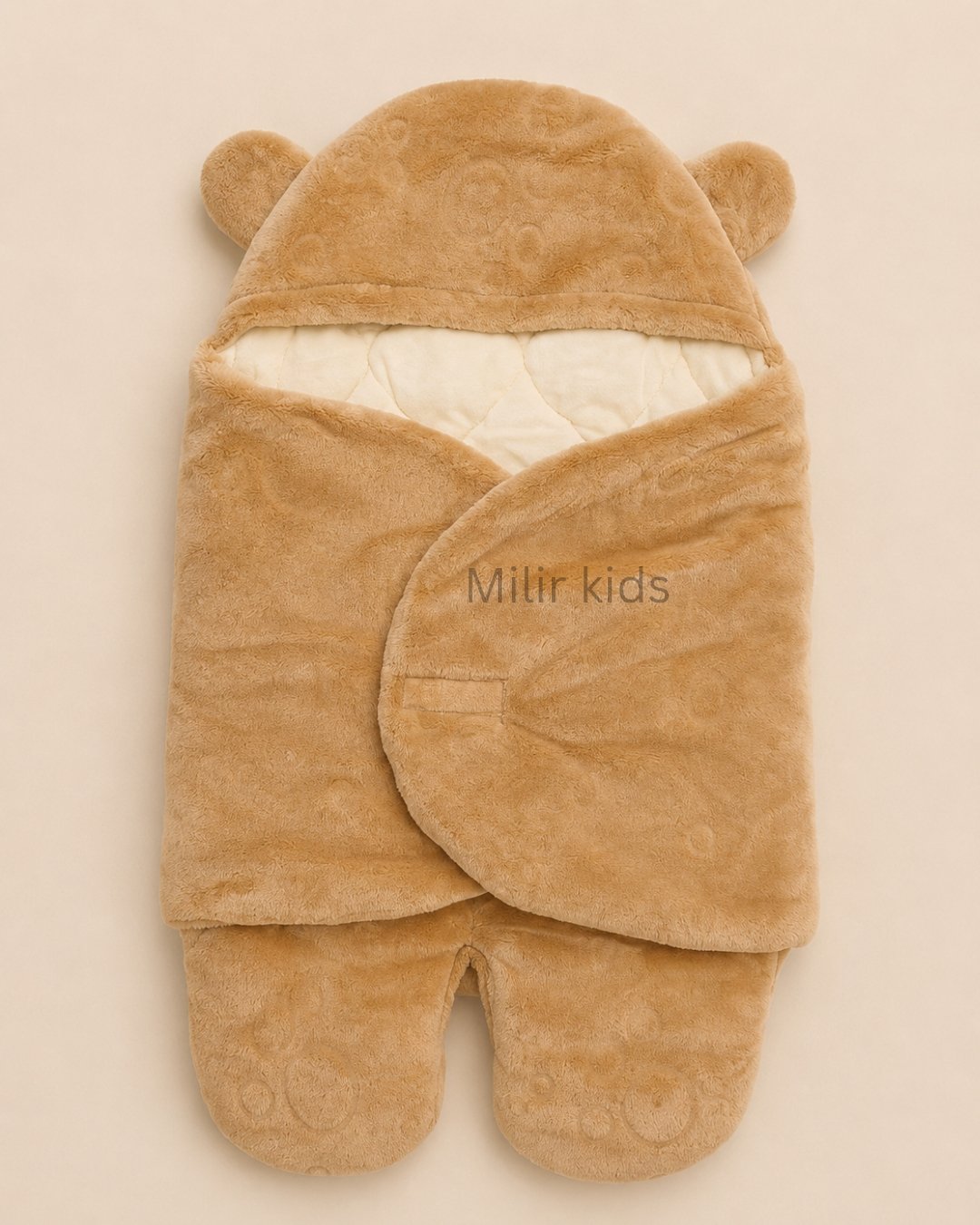 baby-sleeping-bag-wrapper-bear-ear-brown Premium brown baby sleeping bag wrapper with bear ears and quilted inner lining for newborn babies
