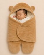 Premium brown baby sleeping bag wrapper with bear ears and quilted inner lining for newborn babies