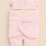 Soft pink hooded baby sleeping bag wrapper with bear ears for newborn babies