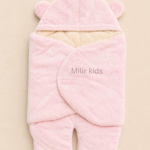 Soft pink hooded baby sleeping bag wrapper with bear ears for newborn babies