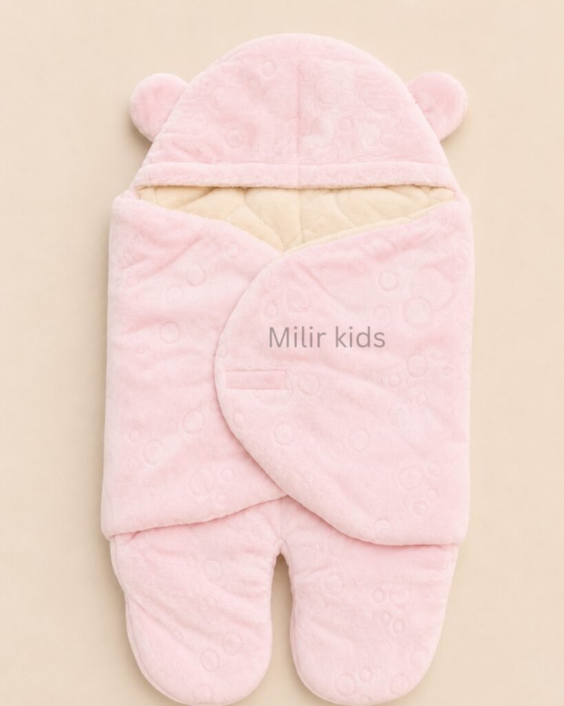 Soft pink hooded baby sleeping bag wrapper with bear ears for newborn babies