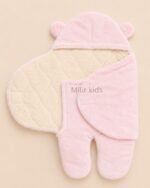 Soft pink hooded baby sleeping bag wrapper with bear ears for newborn babies