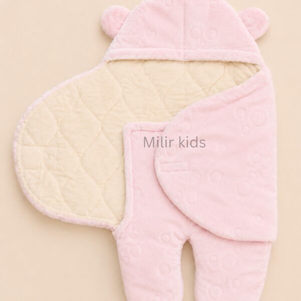 Soft pink hooded baby sleeping bag wrapper with bear ears for newborn babies