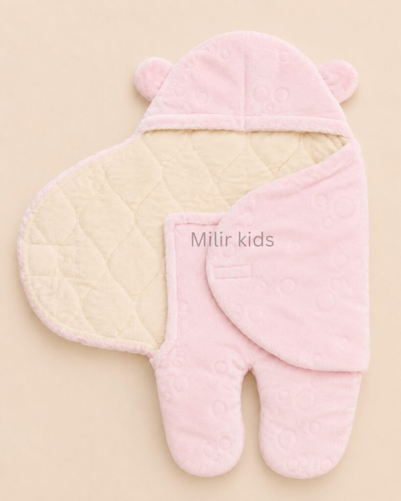 Soft pink hooded baby sleeping bag wrapper with bear ears for newborn babies