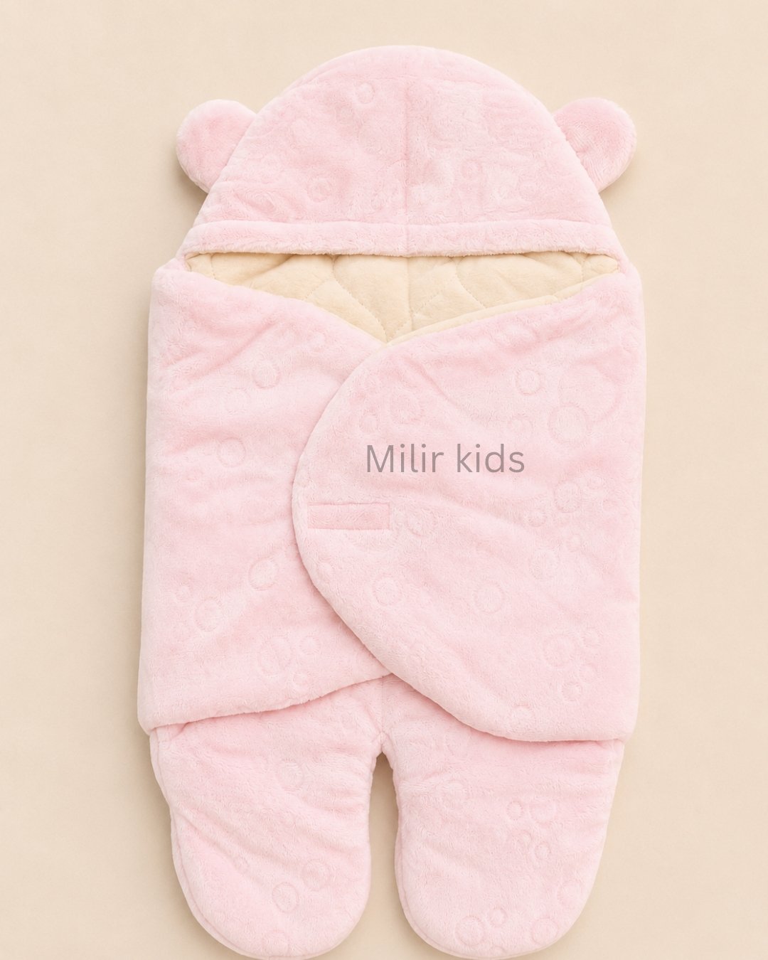 baby-sleeping-bag-wrapper-bear-ear-pink Soft pink hooded baby sleeping bag wrapper with bear ears for newborn babies