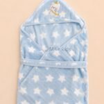 Premium blue hooded baby wrapper with star print and teddy embroidery for newborn babies