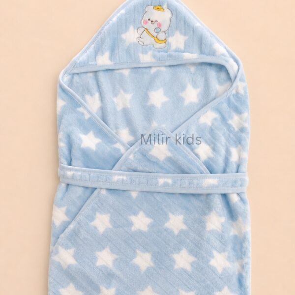 Premium blue hooded baby wrapper with star print and teddy embroidery for newborn babies