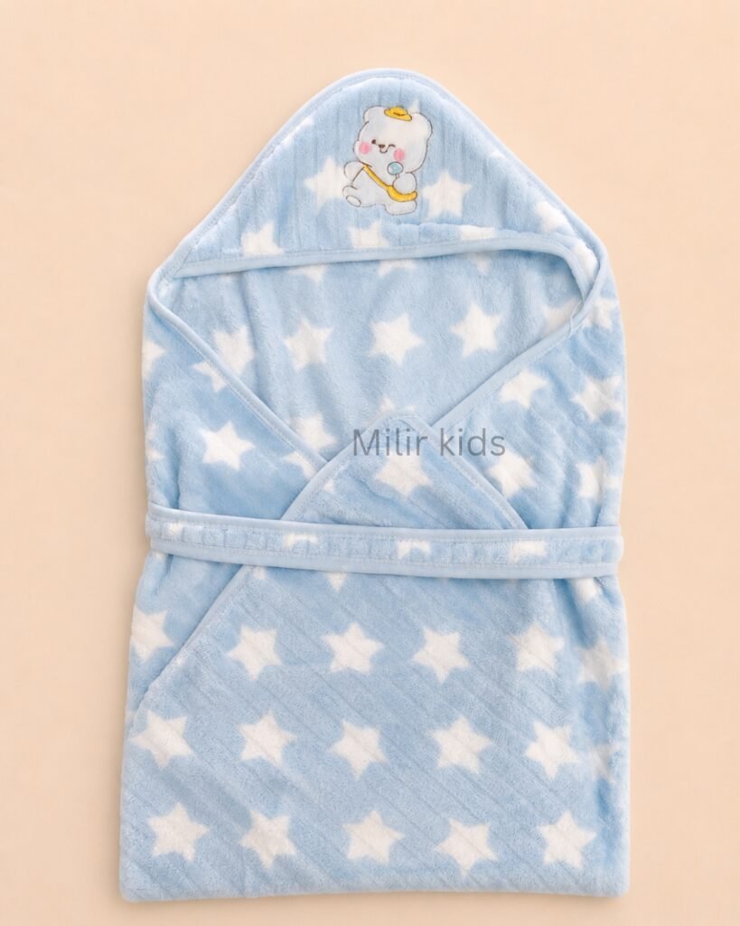 Premium blue hooded baby wrapper with star print and teddy embroidery for newborn babies