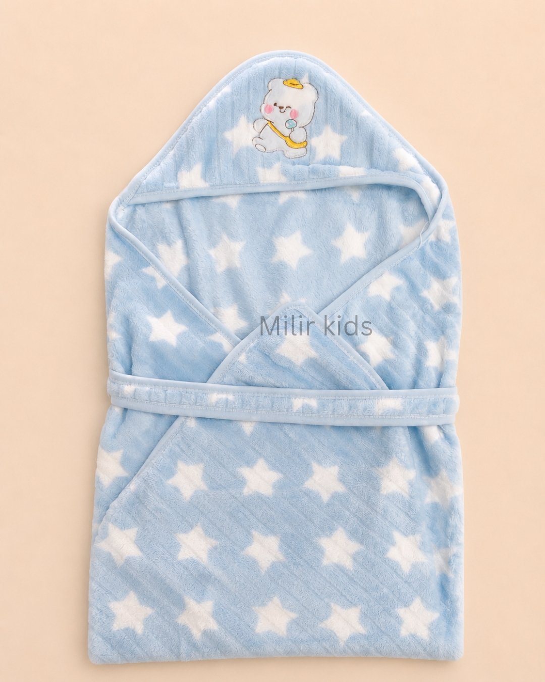 baby-wrapper-blue-star-print Premium blue hooded baby wrapper with star print and teddy embroidery for newborn babies